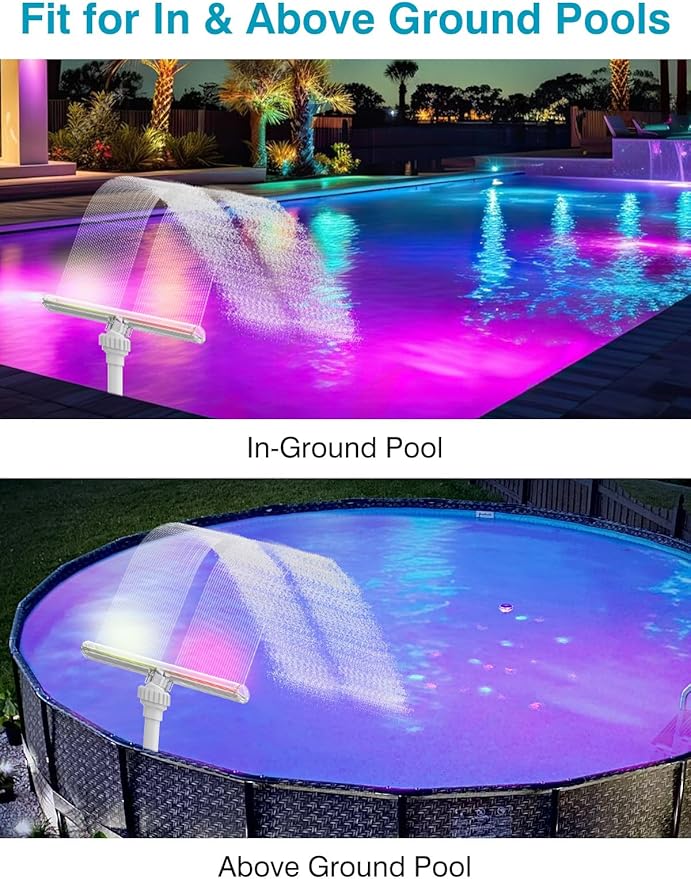 Solar Pool Fountain with 15-Color LED Lights, Adjustable Water Pressure & Angle, Fun Pool Sprinkler Waterfall for Above & Inground Pools, Ponds & Outdoor Decorations