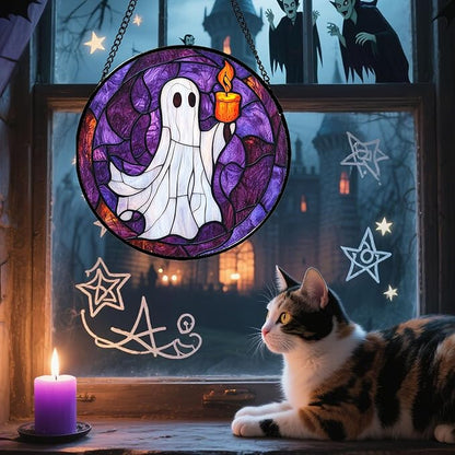 Stained Glass Window Hanging - Halloween Decorations Ghost Suncatcher for Doors Garden Indoor Spooky Funny Purple Sun Catchers Gothic Decor Horror Gifts for Women Men Friend 15 in