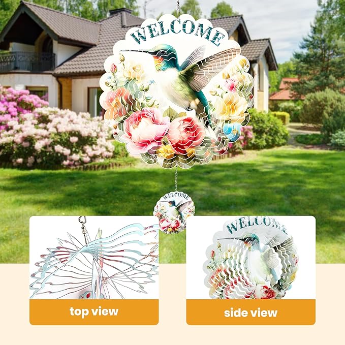 MXJSUA Hummingbird Wind Spinners for Indoor Outdoor Garden Decoration, 12 Inch Flowers Stainless Steel Hanging Wind Spinners Ornaments Crafts for Gifts