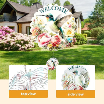 MXJSUA Hummingbird Wind Spinners for Indoor Outdoor Garden Decoration, 12 Inch Flowers Stainless Steel Hanging Wind Spinners Ornaments Crafts for Gifts