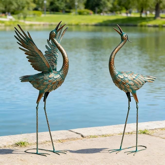 chisheen Crane Garden Statues Outdoor Metal Heron Yard Art Crane for Garden Sculptures Patio Lawn Ornaments,Set of 2