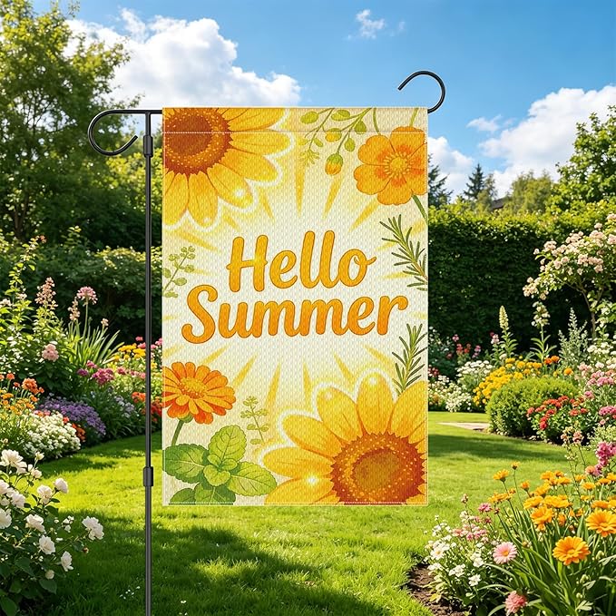 Hello Summer Sunflower Garden Flag 12x18 Inch Double Sided Bright Yellow Seasonal Outdoor Flag for Patio Porch Yard Decor
