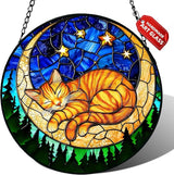 Stained Glass Window Hanging, Orange Sleeping Cat Suncatcher for Door Home Decor Moon Starry Night Sun Catcher Ornament Mother's Day Birthday Gifts for Women Men Mom 6.3 in