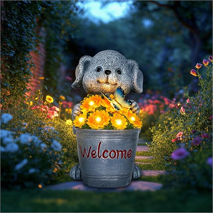 Solar Garden Decor Dog Statue Outdoor Christmas Decorations Dog Figurine Light with Bucket for Outdoor Patio Balcony Yard Porch Lawn for Women Mom Grandma Family Friend