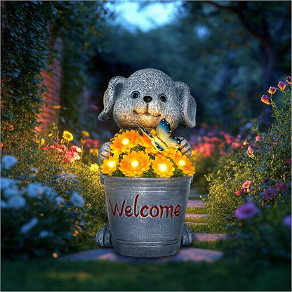 Solar Garden Decor Dog Statue Outdoor Christmas Decorations Dog Figurine Light with Bucket for Outdoor Patio Balcony Yard Porch Lawn for Women Mom Grandma Family Friend