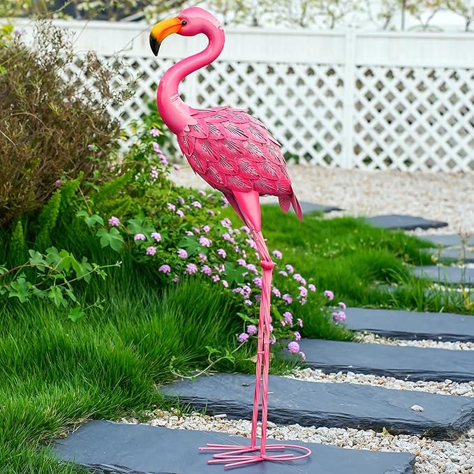 Pink Flamingo Garden Statue Outdoor Decoration, Metal Yard Art Lawn Ornament, Suitable for Backyard Pond, Patio, Porch Outdoor Decor (Large Size)