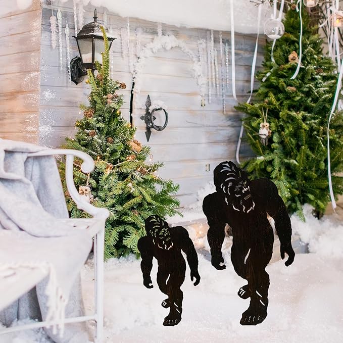 TT & MM Christmas Bigfoot Yard Decor Metal Garden Stakes,Set of 2 Big Foot Sasquatch Gifts for Men/Women,Outdoor Bigfoot Silhouette Statues for Yard Art,Patio,Lawn - 15.7”H x 8.3”W & 7.8”H x 4.1”W