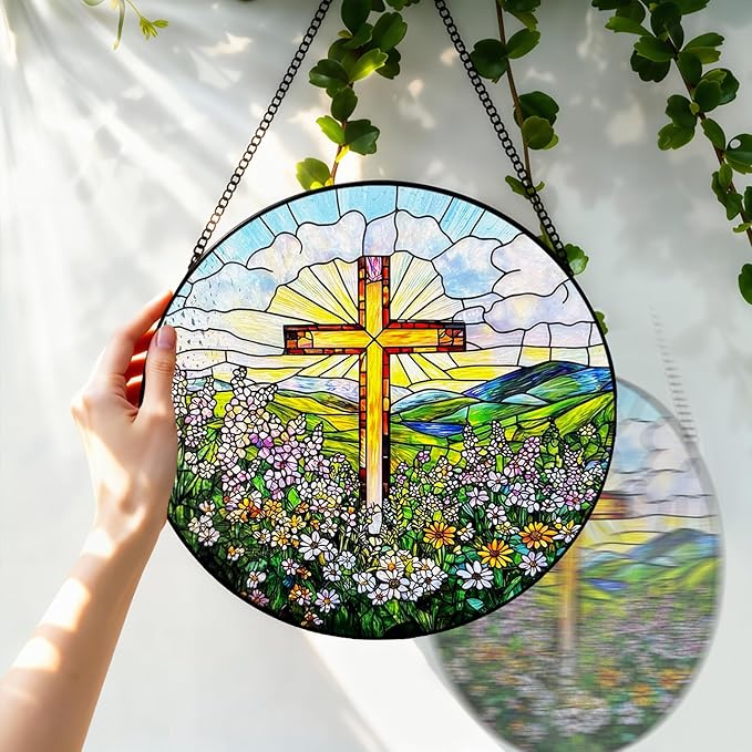 Stained Glass Window Hanging, 8 Inch Stained Glass Cross Wildflowers Suncatcher, Christian Sun Catchers Indoor Window, Flower Cross Religious Home Decor Panel, Easter Faith Christian Gifts for Women