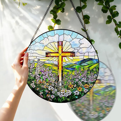 Stained Glass Window Hanging, 8 Inch Stained Glass Cross Wildflowers Suncatcher, Christian Sun Catchers Indoor Window, Flower Cross Religious Home Decor Panel, Easter Faith Christian Gifts for Women