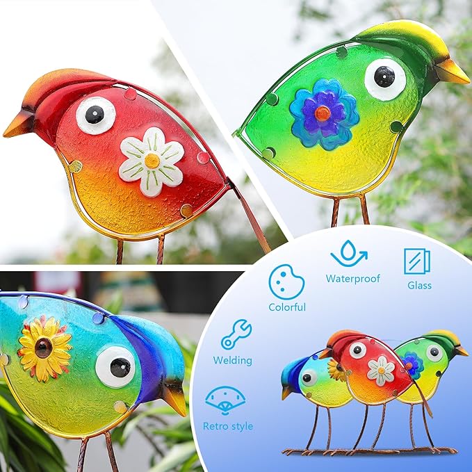LEGIFO Bird Garden Decor for Outside, Glass & Metal Yard Art Decorations Outdoor Decor for Patio Backyard, Gift for Women Grandma Mom（3 Pack）