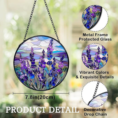 Lavender Flower Suncatchers Stained Glass Window Hanging, Flower Sun Catchers Indoor Window Glass Round Wall Decor, Purple Lavender Floral Wall Decor 7.9x7.9in