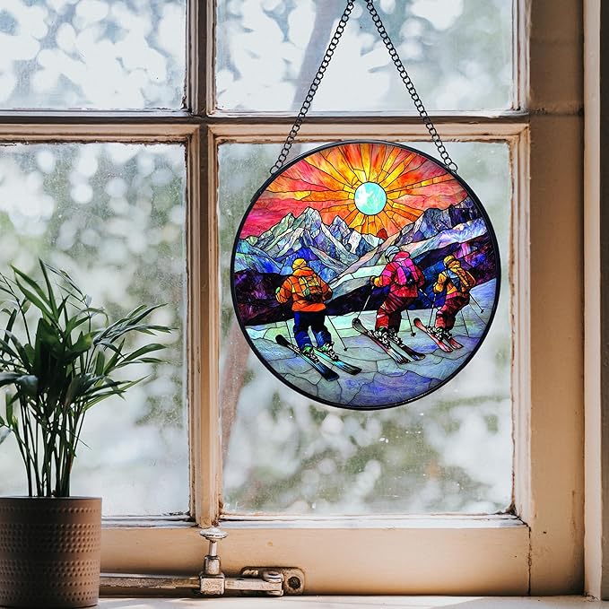 Winter Skiing Stained Glass Window Hanging Suncatchers, Ski Lover Gifts for Women Men Sun Catchers Indoor Window Glass Wall Art Decor, Winter Ski Wall Hanging Decorations Sculptures, 7.9x7.9in