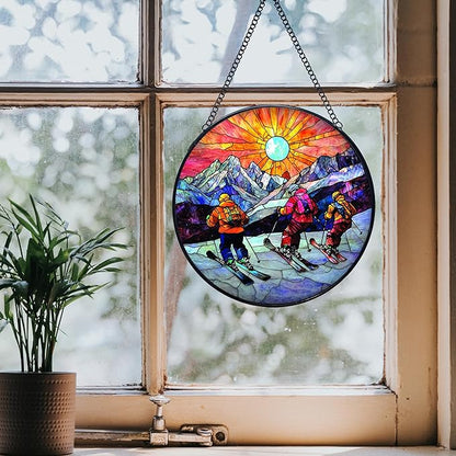 Winter Skiing Stained Glass Window Hanging Suncatchers, Ski Lover Gifts for Women Men Sun Catchers Indoor Window Glass Wall Art Decor, Winter Ski Wall Hanging Decorations Sculptures, 7.9x7.9in