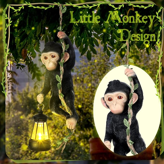 Rossesay Solar Light Outdoor Monkey Statues Black 7.48 Inch Resin Chimpanzee Baby Monkey Climbing on Vine with LED Lantern Waterproof Hanging Figurine with Hook for Yard Garden Wall