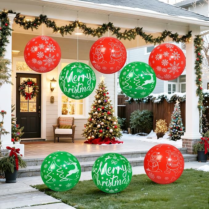 8 PCS 16 Inch Christmas Inflatable Balls Outdoor Inflatable Christmas Ball Ornaments for Xmas Garden Lawn Yard Holiday Front Door Window Decoration