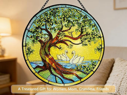 Stained Glass Window Hangings, Tree of Life with Hummingbird Suncatchers for Window, Treasured Gift for Mom, Grandma, Family and Friends (Tree of Life with Geese, 6.7x6.7 in)