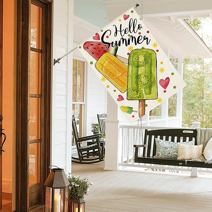 AVOIN colorlife Hello Summer Popsicles House Flag 28x40 Inch Double Sided Outside, Welcome Seasonal Burlap Yard Outdoor Decoration