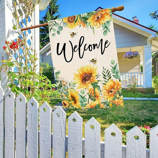 Baccessor Spring House Flag Sunflower Bee Eucalyptus Leaves Welcome Flag 28 x 40 Inch Double Sided Burlap Yard Large Spring Summer Outside Decor
