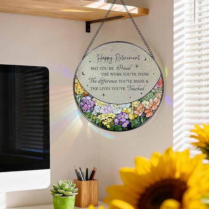 8” Stained Glass Suncatcher Ornament – Floral Retirement Window Hanging Decorations, Retirement Gifts & Retired Gifts for Women, Men, Friends, Coworkers, Teachers - Style F