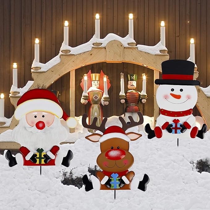 Lulu Home Christmas Yard Signs, 3 Packs Metal Snowman Santa Claus Reindeer Stakes, Xmas Decorative Garden Stakes for Holiday Yard Lawn Outdoor Decoration