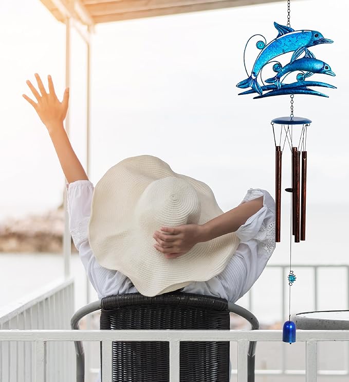 CoTa Global Jumping Dolphins Wind Chime - Handcrafted Glass and Metal Chime - Hanging Dolphins Decoration for Indoor and Outdoor Spaces, Hanging Ocean Animal Windchime Decor Gift - 35 Inches