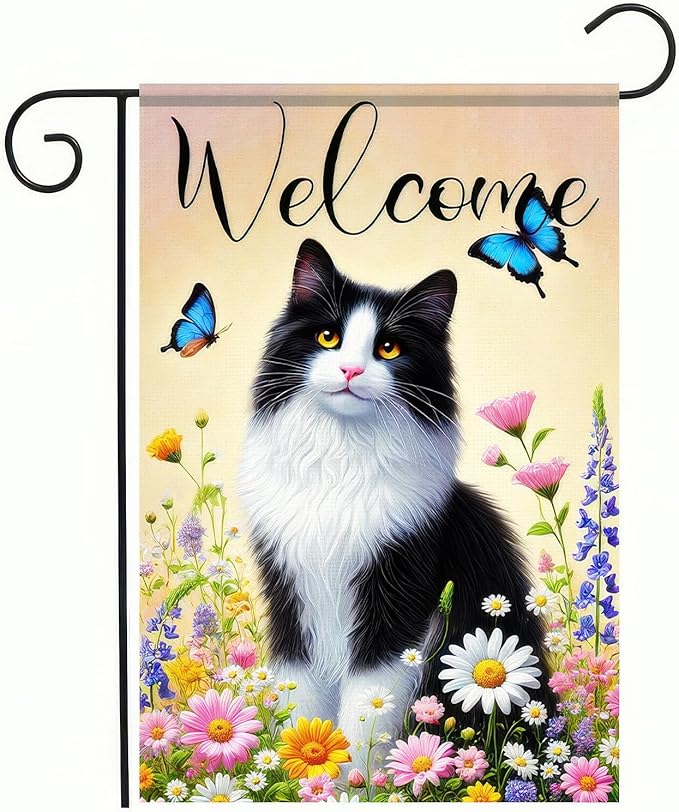 BlissYard Welcome Garden Flag Spring Summer Cat Garden Flag 12x18 Inch Double Sided Flags Black White Cat Floral Butterfly Outdoor Yard Lawn Porch Decor Banner