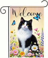 BlissYard Welcome Garden Flag Spring Summer Cat Garden Flag 12x18 Inch Double Sided Flags Black White Cat Floral Butterfly Outdoor Yard Lawn Porch Decor Banner