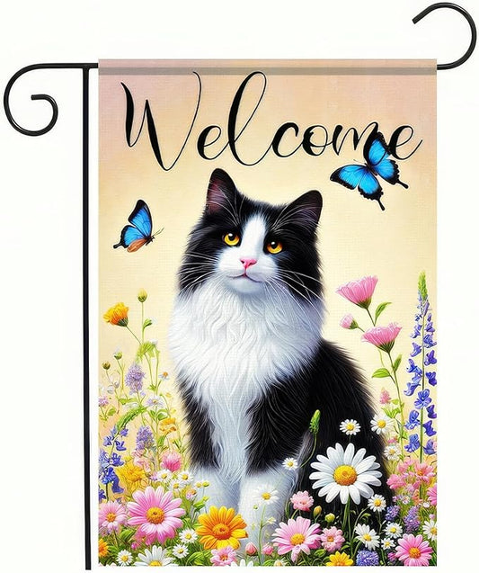 BlissYard Welcome Garden Flag Spring Summer Cat Garden Flag 12x18 Inch Double Sided Flags Black White Cat Floral Butterfly Outdoor Yard Lawn Porch Decor Banner