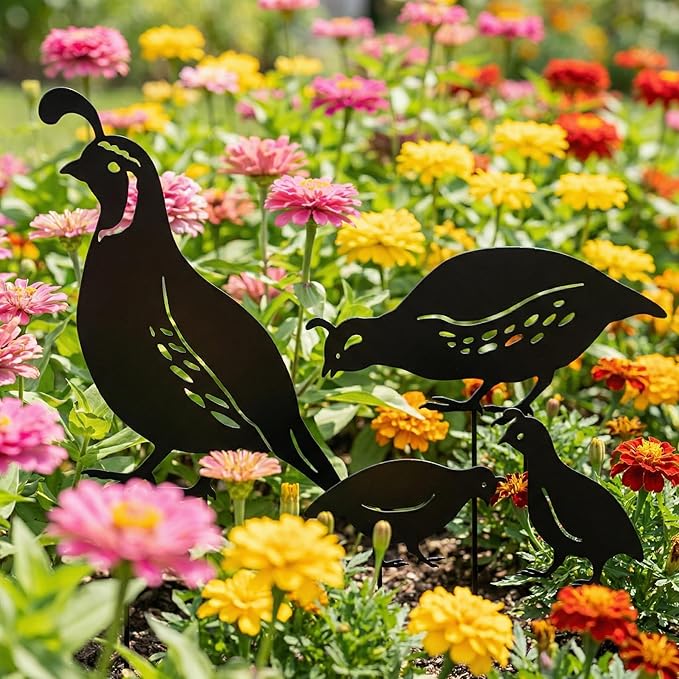 NUOBESTY 4Pcs Quail Family Garden Stakes, Metal Bird Yard Decor Decorative Garden Art Sculptures Statues for Outdoor Lawn Ornament & Patio Backyard, Bird Lover Favors for Women Mom Grandma