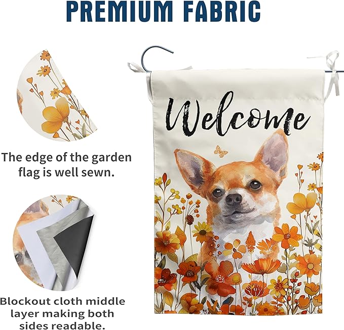 Chihuahua Fall Garden Flag Autumn Dog Yard Sign Orange Floral Thanksgiving Outdoor Banners for Outside 12x18 Double Sided Small Wild Flower Lawn Decorations