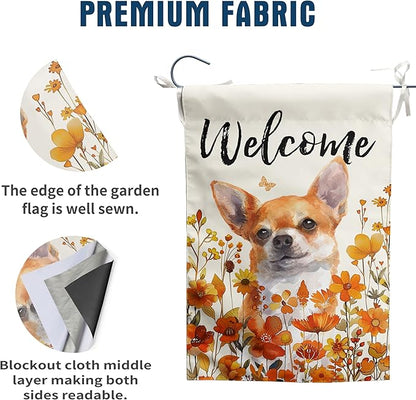 Chihuahua Fall Garden Flag Autumn Dog Yard Sign Orange Floral Thanksgiving Outdoor Banners for Outside 12x18 Double Sided Small Wild Flower Lawn Decorations