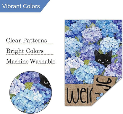 Louise Maelys Spring Summer Garden Flag Black Cat Hydrangea Flower Welcome Double Sided 28x40 Inch Floral Paw Print Seasonal Large Burlap Holiday Yard Outdoor Outside House Decor