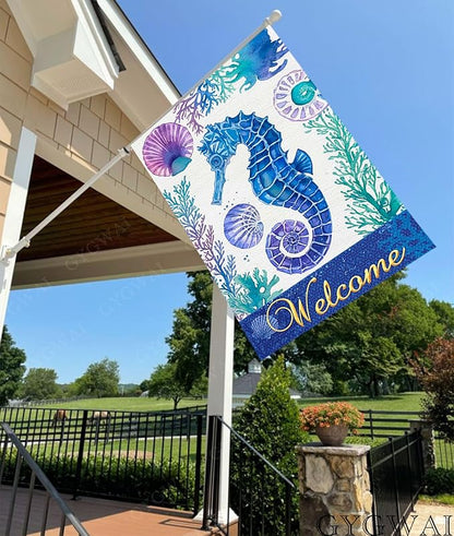 Seahorse Welcome Garden Flag 28x40 Inch Double Sided Outside, Summer Coastal Burlap Yard Flag Tropical Sea Holiday Seasonal Outdoor Decor