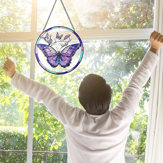 Stained Glass Suncatchers Window Hanging, Butterfly Sun Catchers Indoor Window Stained Glass Hanging Garden Decor, Birthday Gift for Mom Grandma Aunt Sister Bestie 7.8 in (Butterfly)