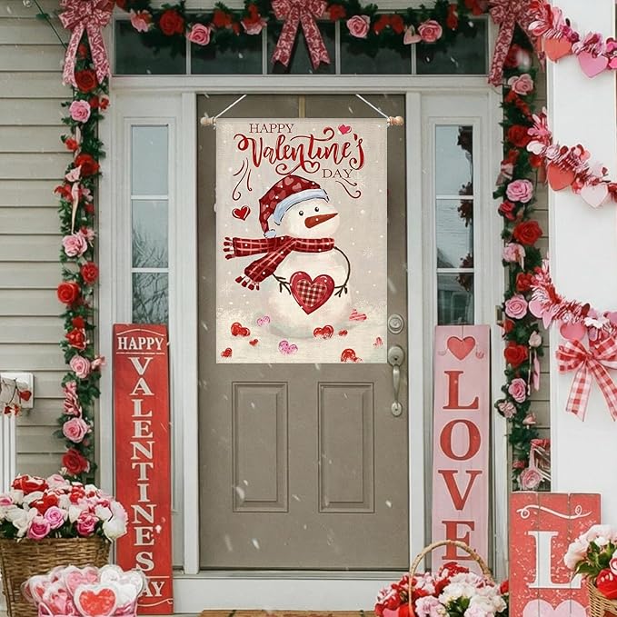 Happy Valentine’s Day House Flags for Outdoor Decoration, Watercolor Snowman with Love Hearts Large Yard Flag,Seasonal Decorative Decor for Holiday Anniversary Wedding Outside 28x40 Inch Double Sided