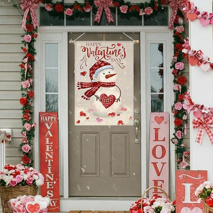 Happy Valentine’s Day House Flags for Outdoor Decoration, Watercolor Snowman with Love Hearts Large Yard Flag,Seasonal Decorative Decor for Holiday Anniversary Wedding Outside 28x40 Inch Double Sided