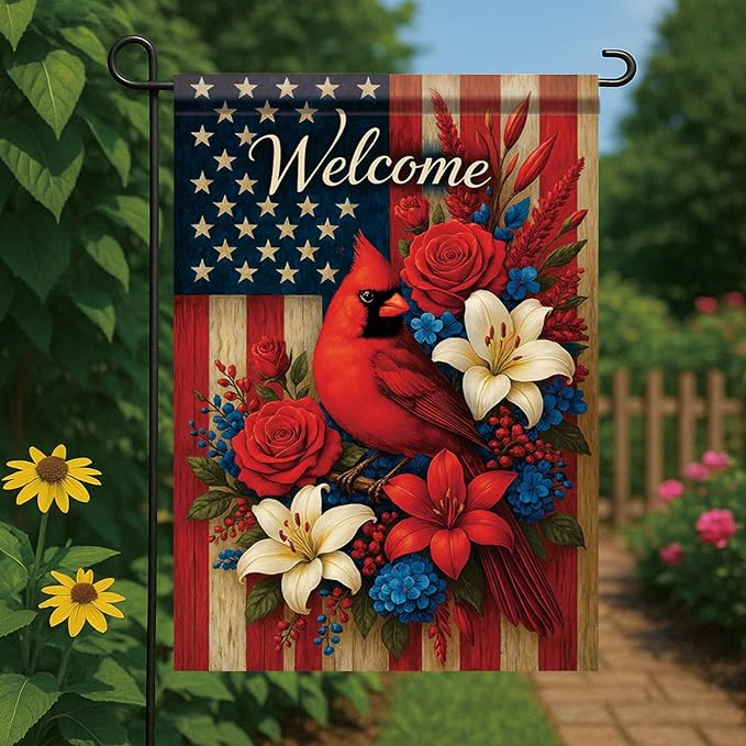 Spring Summer Garden Flag 12x18 Inch Patriotic Cardinal Welcome American Outdoor Floral Bird Design Outdoor Yard Porch Lawn for Seasonal Americana Farmhouse Home Decor