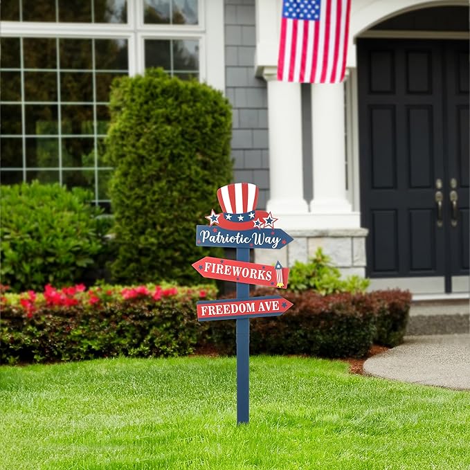 Glitzhome 36" H Patriotic Yard Stake,American Wooden Top Hat Word Sign Yard Stake 4th July Garden Yard Welcome Signs Independence Day Indoor Outdoor Decorations