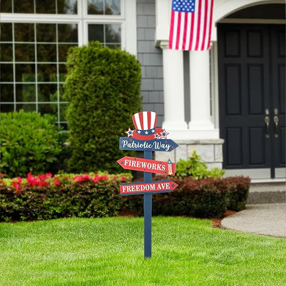 Glitzhome 36" H Patriotic Yard Stake,American Wooden Top Hat Word Sign Yard Stake 4th July Garden Yard Welcome Signs Independence Day Indoor Outdoor Decorations