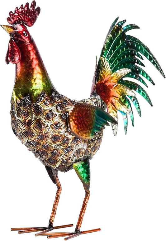 Alpine Corporation 16" Tall Outdoor Metallic Rooster Standing Yard Statue Decoration, Turquoise