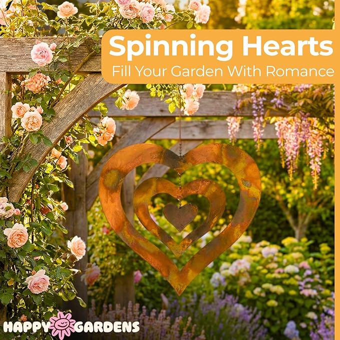 Handcrafted Triple Spinning Heart Steel Ornament (Flamed Finish) Happy Gardens Rustic Outdoor Metal Hook Hanging Decor for Outside Back Yard