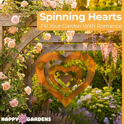 Handcrafted Triple Spinning Heart Steel Ornament (Flamed Finish) Happy Gardens Rustic Outdoor Metal Hook Hanging Decor for Outside Back Yard