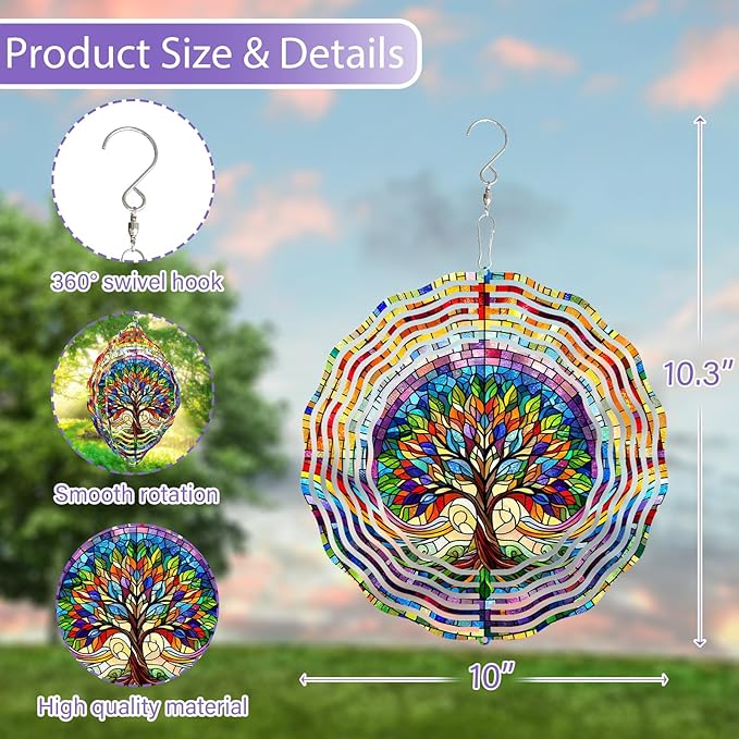 Tree of Life Wind Spinner 3D Stainless Steel Hanging Wind Spinners 10 Inch Stained Glass Style Multi-Color Kinetic Decor for Indoor and Outdoor Spaces Christmas