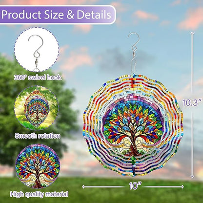 Tree of Life Wind Spinner 3D Stainless Steel Hanging Wind Spinners 10 Inch Stained Glass Style Multi-Color Kinetic Decor for Indoor and Outdoor Spaces Christmas