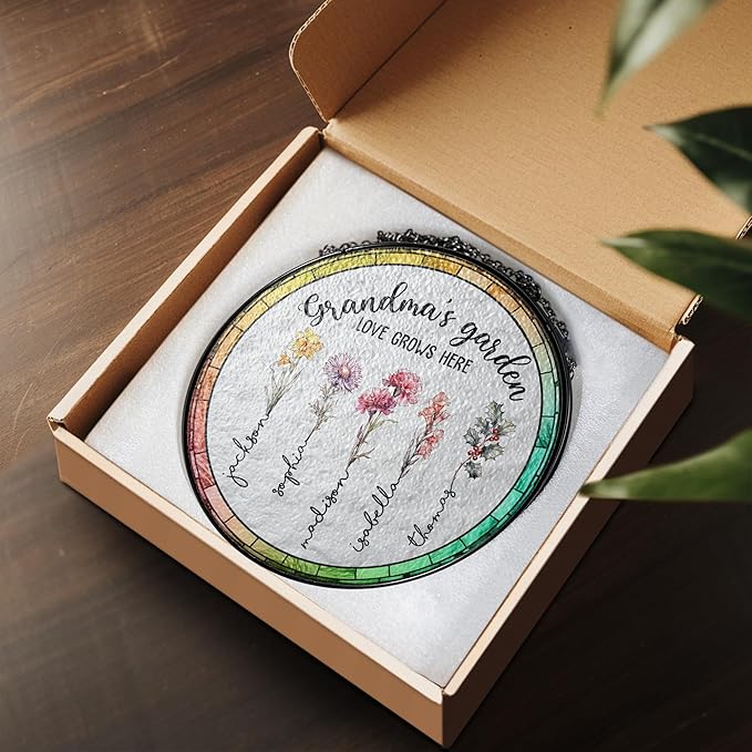 Personalized Grandma’s Garden Stained Glass Window Hanging Ornament, Custom Birth Month Flowers with Kids’ Names, Grandma Love Grows Here Floral Art Decoration, for Mom Grandma