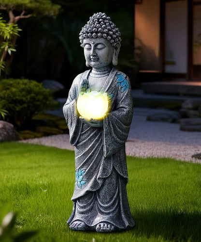Nacome Solar Buddha Garden Statue Decor: Resin Zen Decor Waterproof Sitting Figurine with Lotus Flower Light Design for Outside Patio Lawn Yard Balcony - 11 inches(Gray)