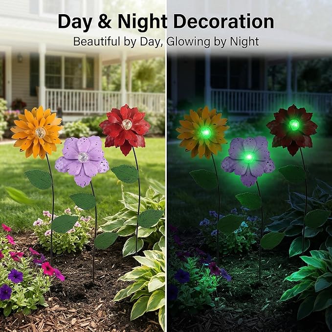 3 Pack Floral Garden Stake Decor, Glow in Dark Shaking Head Outdoor Plant Pick Water Proof Metal Flower Stick for Lawn Yard Patio Pathway Ornament