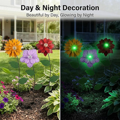 3 Pack Floral Garden Stake Decor, Glow in Dark Shaking Head Outdoor Plant Pick Water Proof Metal Flower Stick for Lawn Yard Patio Pathway Ornament