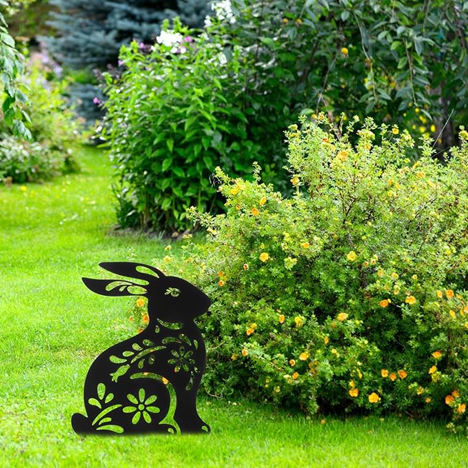 Yardwe Metal Rabbit Garden Stake Outdoor Decor Hollow Iron Bunny Yard Art for Lawn Patio Flowerbeds Weather-Resistant Garden Ornament