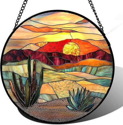 DASTOLL Stained Glass Window Hanging, Golden Landscape Dusk Sunset Suncatcher for Doors Window Home Cactus Sun Catchers Decoration Mother's Day Birthday Gifts for Women, Men, and Mom 9.8 in